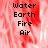 Pixelated text listing Water, Earth, Fire, Air over red and white abstract background with gray section.