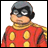 A pixelated 48x48 animated buddy icon featuring a cartoon character in red and yellow attire with a black mask, alongside text reading "Anime IM" and "COM" on a black background.