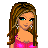Pixel art contact sheet showing a female character in pink attire with multiple frames displaying different poses and text overlays on bright pink backgrounds.