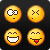 Four pixelated yellow circular icons arranged in a 2x2 grid on black background, each with distinct facial expressions including crossed eyes, X-eyes, wide smile, and tongue-out.