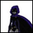 Pixelated character in purple hooded cloak with dark face, standing against white background; adjacent black displays 'Anime IM' and 'COM' text