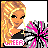 Pixelated 48x48 buddy icon featuring a blonde cheerleader character with long flowing hair, wearing a black top and pink text banner, holding a gray-and-pink pom-pom against a white background.