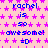 Pixelated text and symbols on a pink background with purple stars, repeating 'rachel is so awesome! =D' in blue letters.