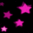 A static image with a black background on the left showing four pink stars of varying sizes and a yellow background on the right displaying pixelated pink text.