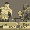 Pixel art of two boxers in a ring, one labeled 'Joe' and the other 'Butch', with score indicators showing 'HEAD' for both.