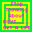 Four identical pixelated display text within nested green and yellow squares on a bright green background