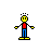 Pixelated character with yellow head and limbs, red torso, blue pants, standing on yellow base; four distinct poses show arm and leg positions changing.