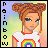 Pixelated character with brown hair styled in two top buns, wearing white shirt with red trim and rainbow graphic, blue eyes, neutral expression, vertical text on left.
