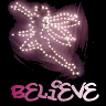 A static 96x96 pixel buddy icon featuring a glowing purple star-shaped balloon with white dotted outlines against a black background, accompanied by the word "BELIEVE" in stylized pink and white text below it.