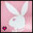 Pixelated pink background with white rabbit silhouette and small dark heart icon in bottom-left corner.