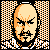 Pixelated static icon of a bald character with stern expression, orange and black checkered background, white accents on clothing.