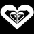 A pixelated heart-shaped icon with layered black and white patterns forming a central cross-like design against a solid black background.