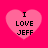 Four pink heart shapes on a bright pink background, each containing black text reading "I LOVE JEFF" in pixelated font.
