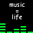 Black background with white text 'music = life' repeated four times and green audio equalizer bars in two showing dynamic changes