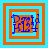 Four square display a blue pixelated text 'PZ' with orange and light blue borders, showing animation changes in border thickness