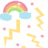 Pixelated rainbow with blue clouds, yellow zigzag lines, and pink flowers on white background; animation changes flower colors from pink to orange.