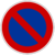 Circular red and blue traffic sign with diagonal red line crossing blue semicircles on red background