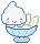 Pixel art icon of a smiling white cloud-like character with pink cheeks and blue eyes, sitting in a light blue bowl filled with yellow rice or noodles on a gray background.