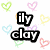 Pixelated black text 'ily clay' surrounded by pastel heart shapes in green, pink, yellow, blue, purple, and red on white background.