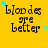 Yellow background with repeated text "blondes are better" in black pixelated font, scattered blue and light green stars.