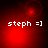 Red-toned pixelated image with white text 'steph =]' and shifting red circular light effects across four