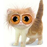 Static cartoon illustration of a small cat with exaggerated large eyes and fluffy fur, standing against a plain white background.