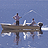 Static pixelated icon of a fishing boat with two figures on water under blue sky, rendered in low-resolution 48x48 pixels.
