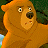 Pixelated cartoon bear with light brown fur, wide eyes, and a slightly open mouth against a blurred green and brown background.