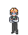 Pixel art character with orange hair, blue eyes, white shirt, green tie, dark pants standing with arms crossed, transitioning through grayscale and white silhouette states.