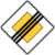 A diamond-shaped sign with a white background and gray border, featuring two yellow rectangular shapes crossed by a black and white checkered stripe.