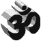 A 3D-rendered Om symbol in black and white with varying angles, rotations, and partial views