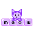 A 3x3 grid of pixel art frames showing a purple cat mascot peeking over the word "meow" in varying states of text visibility and block opacity.