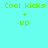 Four variations of a pixelated graphic showing 'Cool Kicks' text above a plus sign and 'VP' text, with a pink rectangle in different positions against a cyan background.