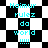 Pixelated cyan text on black-and-white checkered backgrounds with varying shapes and arrangements