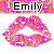Animated pink lips with white sparkles and 'Emily' text on a pink patterned background, showing subtle mouth movement across frames.