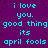 Cyan text on purple background repeats 'i love you. good thing its april fools' in a pattern with pixelated dots