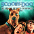 A pixelated contact sheet showing two frames of a Scooby-Doo animated icon with characters and text on separate panels.
