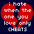 A pixelated image of a broken red heart with white text reading "i hate when the one you love only cheats" on a dark blue background.