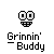 Pixelated black-and-white icon shows a smiling face with large circular eyes and a wide grin above text reading 'Grinnin' Buddy' on a gray background.