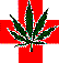 Static pixel art of a green cannabis leaf centered on a red and white cross background with visible digital noise.