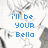 Pixelated grayscale image of a character with text overlay reading 'i'll be your Bella' and 'if you'll be my Edward' in blue block letters.