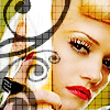 Pixelated close-up of a woman's face with red lips, blonde hair, and a hand near her cheek, set against a checkered background with abstract swirls.