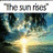 Animated sequence showing sun rising over water with trees, transitioning to sun setting over water with mountains.