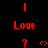 Red pixelated text and symbols on black background with repeated 'I Love' and question mark heart sequences.