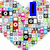 Heart-shaped collage of small icons with blue text overlays reading 'I', 'love', and 'music' in sequence.