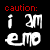 A 4-frame animated contact sheet showing pixelated text animation with red 'caution:' labels and white/grey 'i am emo' text on black background.
