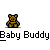 Animated contact sheet of 16 pixel art frames showing a brown teddy bear and white duckling interacting in various poses against gray background.