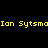 Yellow pixelated text "Ion Sytsma" repeats across a black background with red circular gradients in two positions.