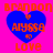A static image with four identical blue heart icons on a bright pink background, each containing orange text and small symbols.