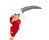 Pixel art character with white hair and cat ears in red outfit holding brown object, gray curved blade behind head